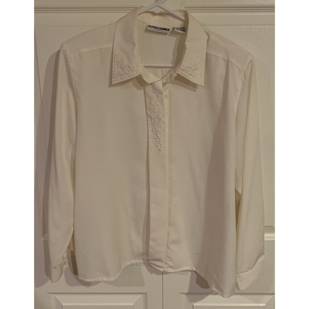 Alfred Dunner Blouse Women’s Petite 14 Cream Embroidered Button Down Dress Shirt